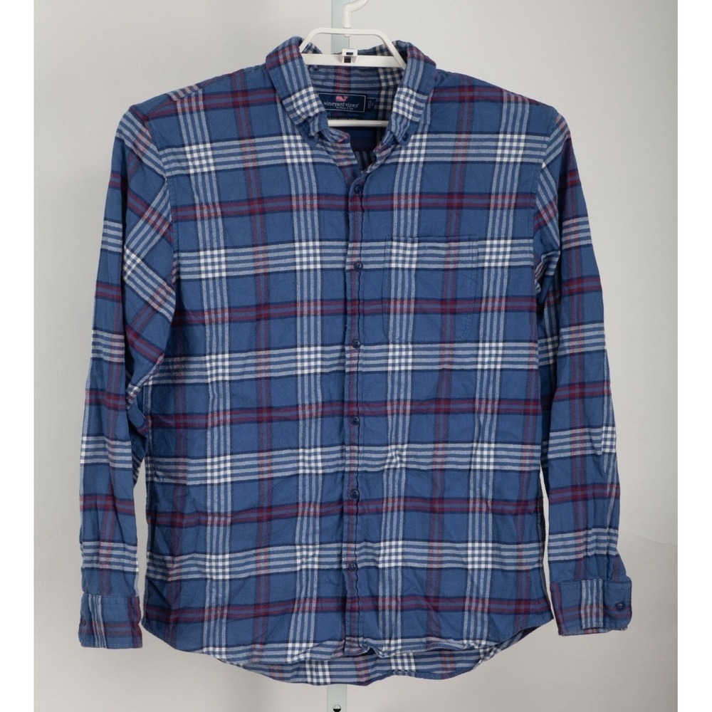 Vineyard Vines Longshore Shirt Mens Large Blue Plaid Slim Fit Cotton Stretch